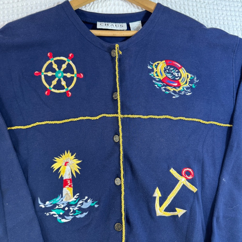 Chaus Sport Womens Navy Blue Nautical Embroidered Cotton Cardigan Sweater L - Picture 3 of 9